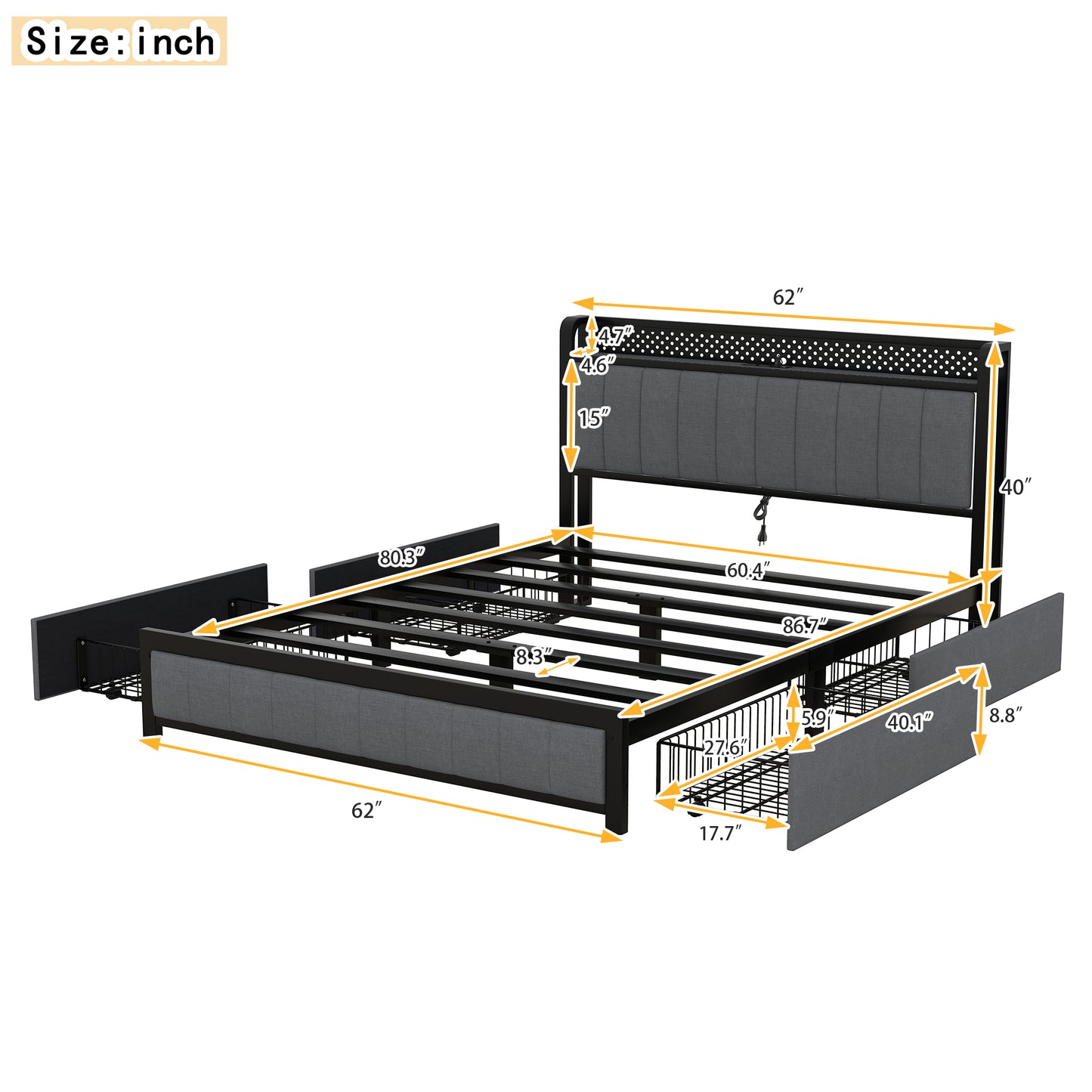 Melysen Queen Bed Frame with LED Headboard, Upholstered Bed with 4 Storage Drawers and USB Ports, Dark Grey