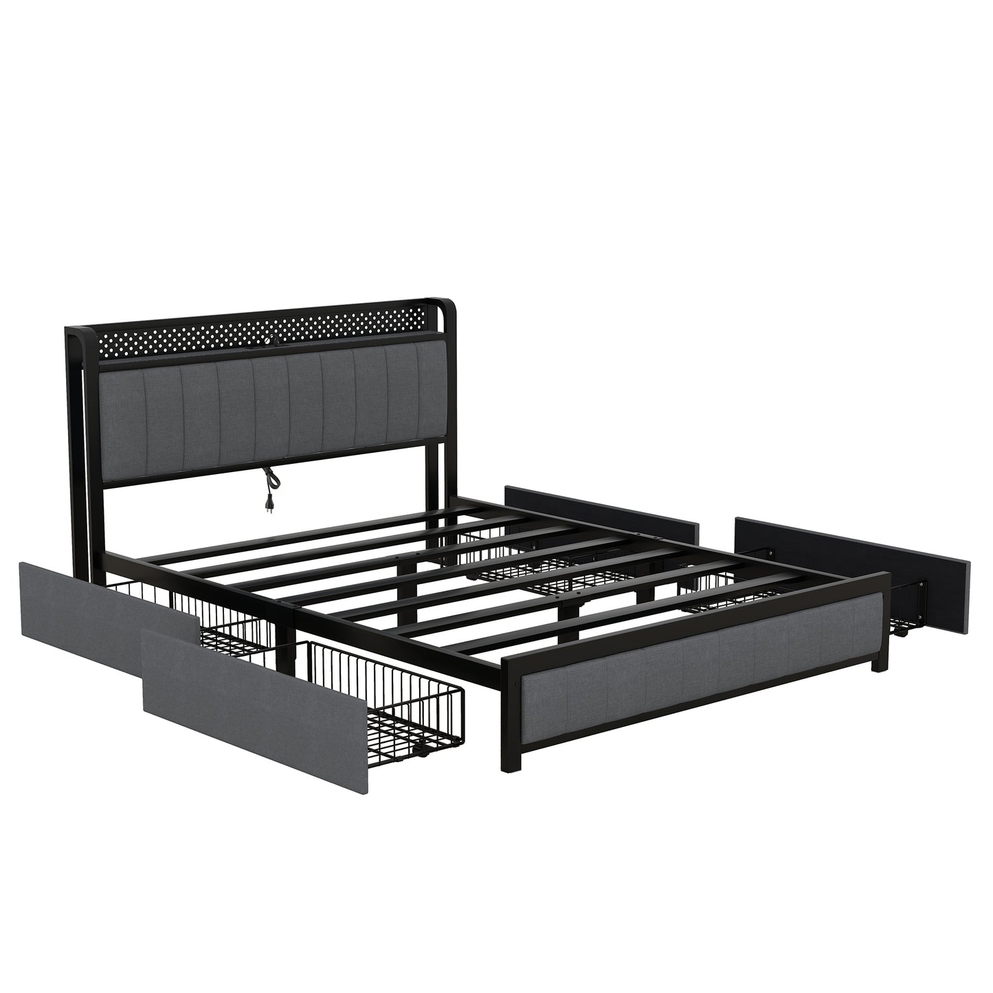 Melysen Queen Bed Frame with LED Headboard, Upholstered Bed with 4 Storage Drawers and USB Ports, Dark Grey