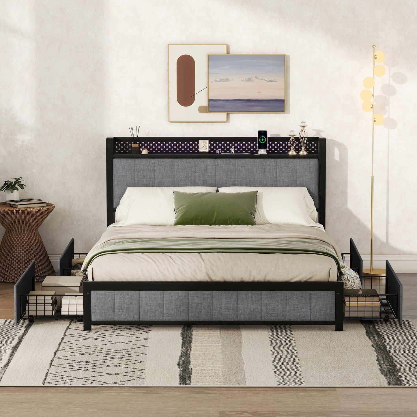 Melysen Queen Bed Frame with LED Headboard, Upholstered Bed with 4 Storage Drawers and USB Ports, Light Grey