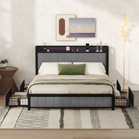 Melysen Queen Bed Frame with LED Headboard, Upholstered Bed with 4 Storage Drawers and USB Ports, Light Grey