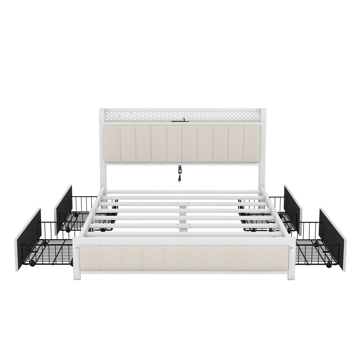 Melysen Queen Bed Frame with LED Headboard, Upholstered Bed with 4 Storage Drawers and USB Ports, Beige