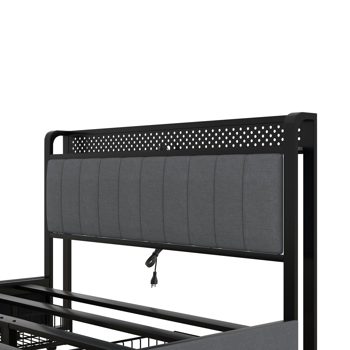 Melysen Queen Bed Frame with LED Headboard, Upholstered Bed with 4 Storage Drawers and USB Ports, Dark Grey