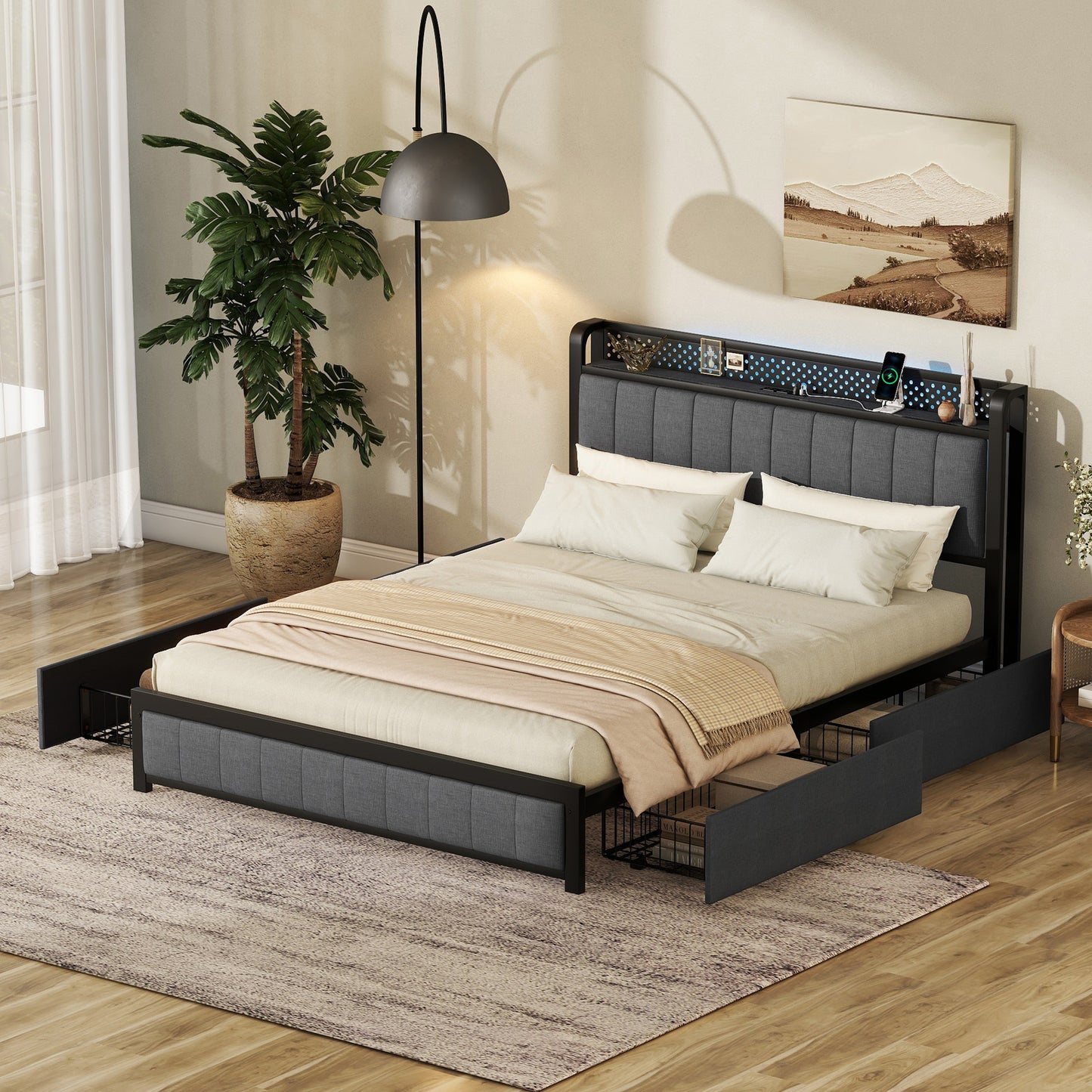 Melysen Queen Bed Frame with LED Headboard, Upholstered Bed with 4 Storage Drawers and USB Ports, Dark Grey