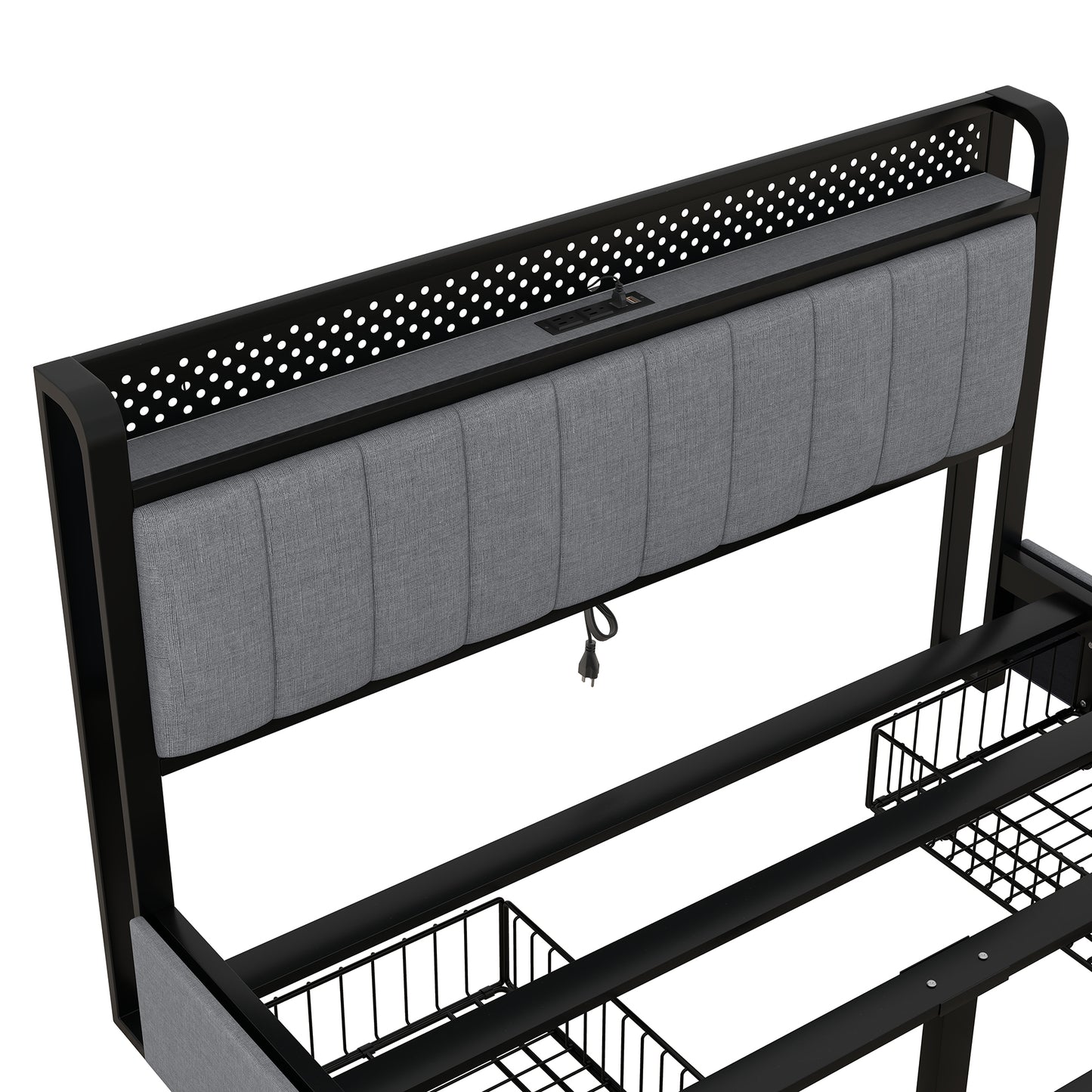 Melysen Queen Bed Frame with LED Headboard, Upholstered Bed with 4 Storage Drawers and USB Ports, Light Grey