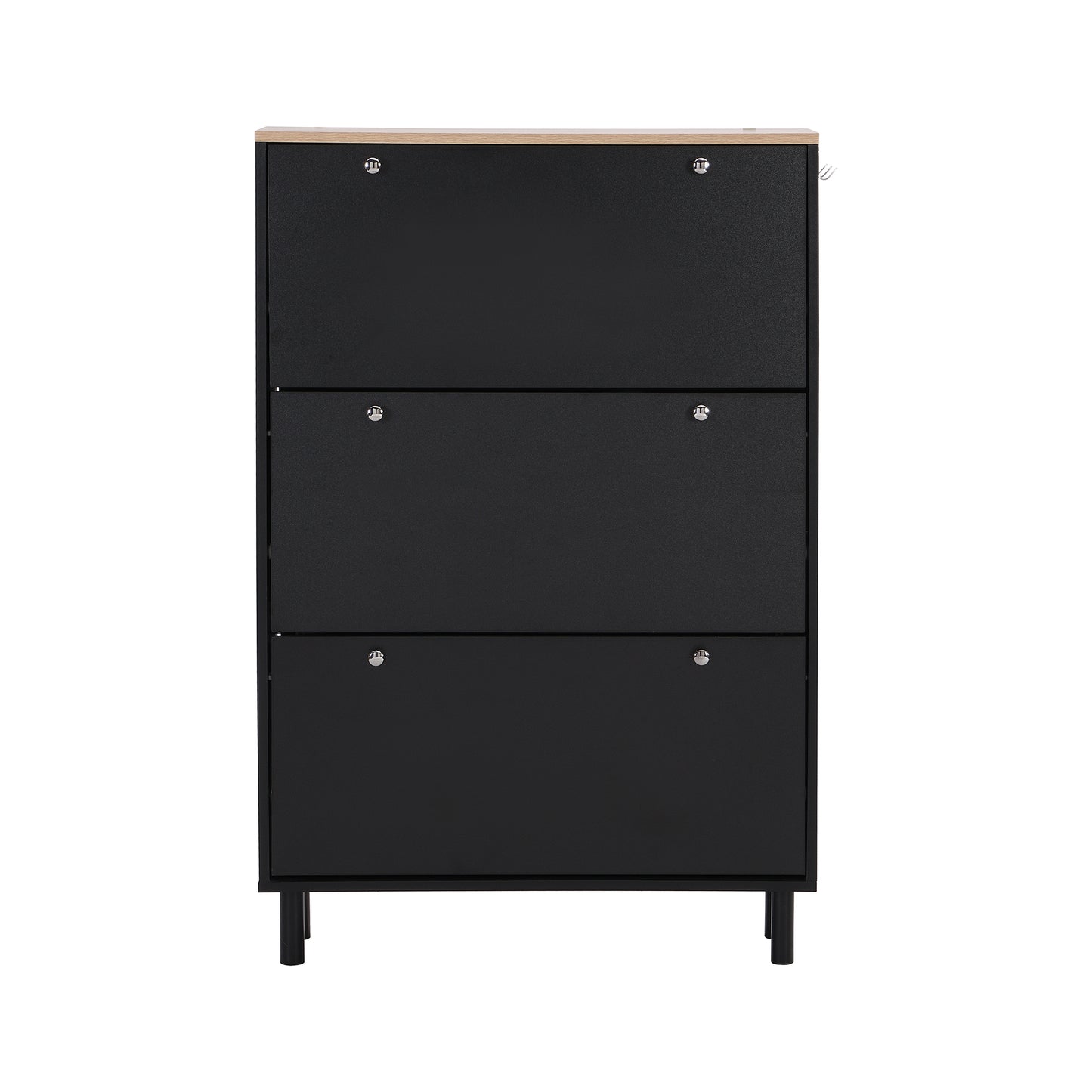 Melysen Narrow Design Shoe Cabinet with 3 Flip Drawers, Wood Grain Pattern Top Entryway Organizer with 3 Hooks, Free Standing Shoe Rack with Adjustable Panel for Hallway, Black