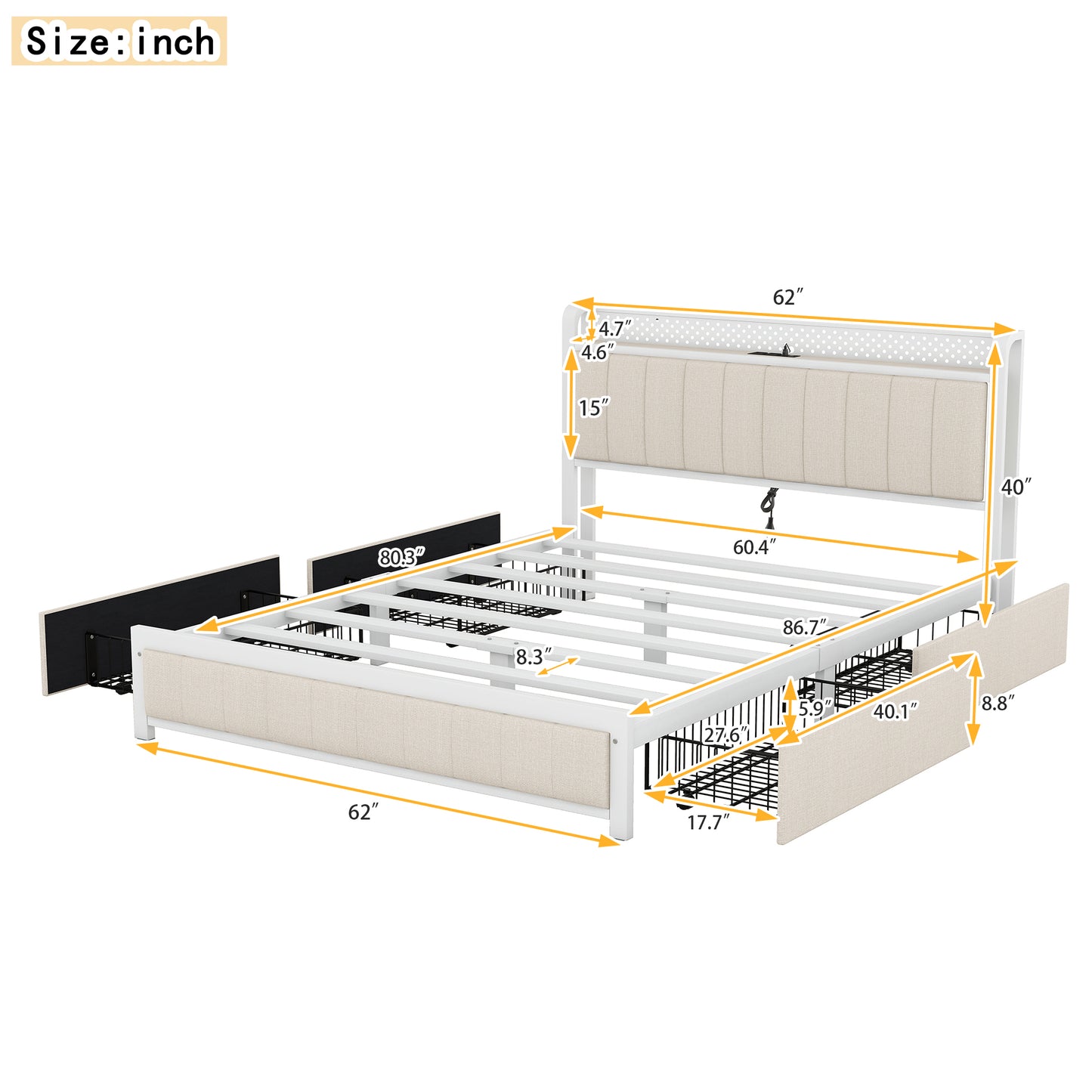 Melysen Queen Bed Frame with LED Headboard, Upholstered Bed with 4 Storage Drawers and USB Ports, Beige