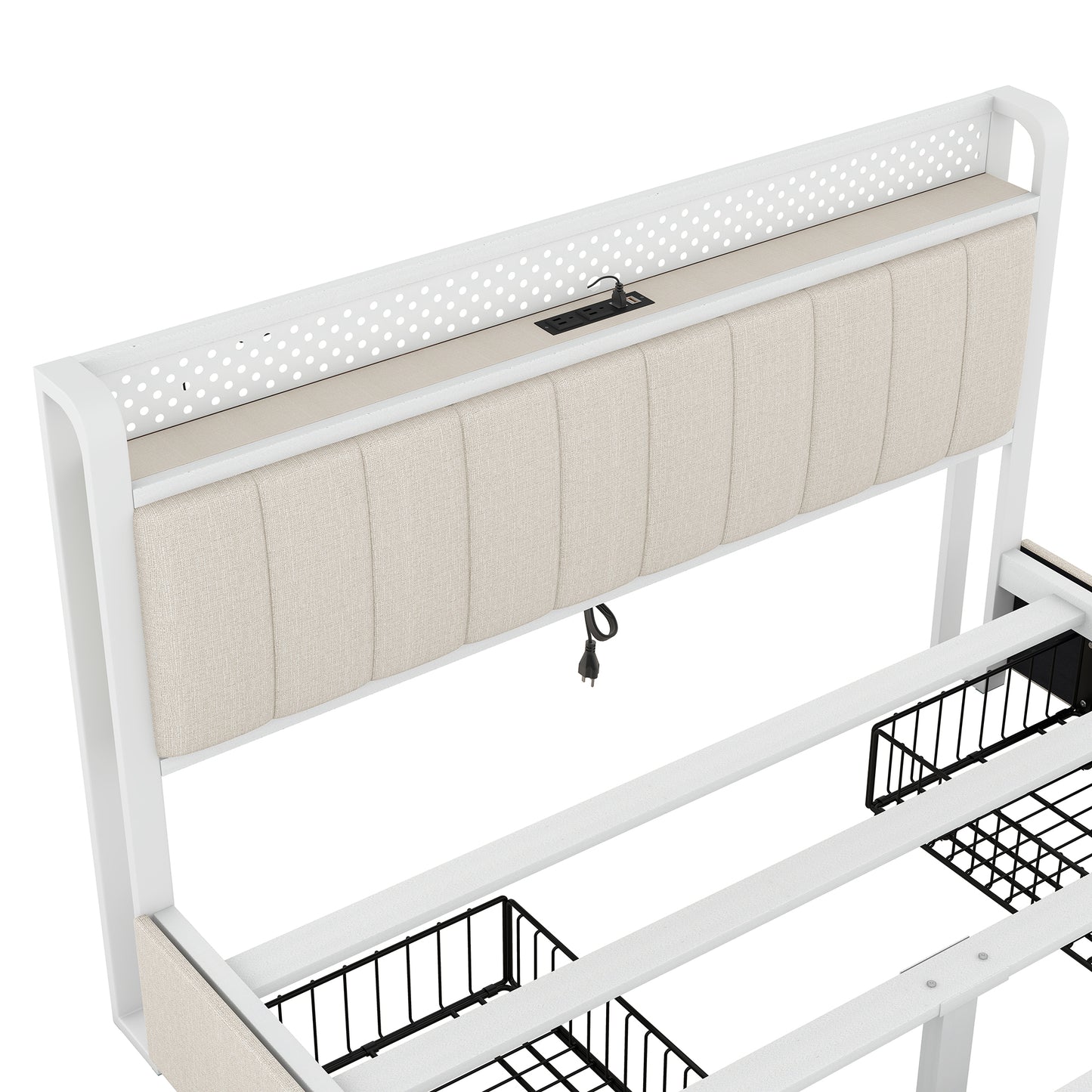 Melysen Queen Bed Frame with LED Headboard, Upholstered Bed with 4 Storage Drawers and USB Ports, Beige