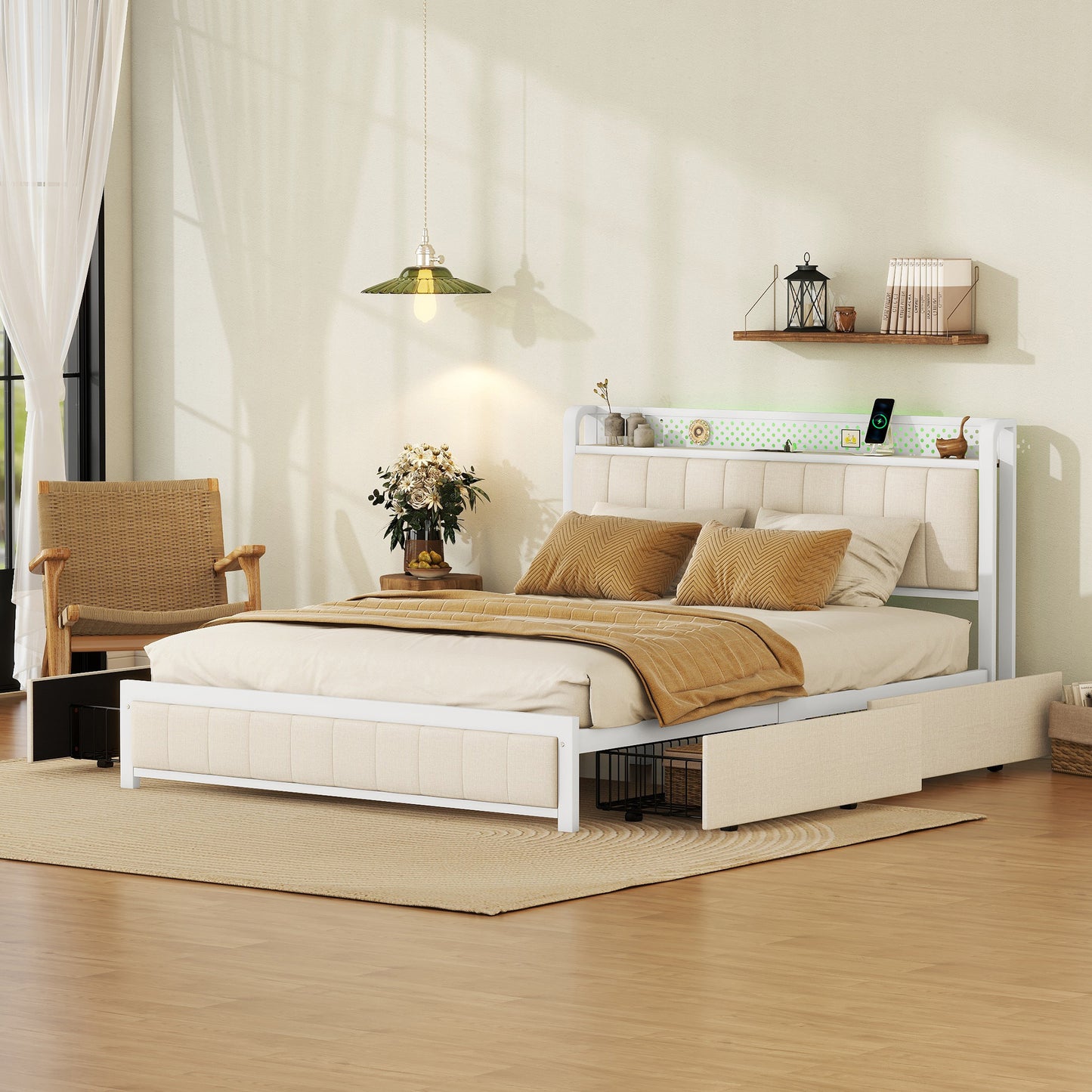 Melysen Queen Bed Frame with LED Headboard, Upholstered Bed with 4 Storage Drawers and USB Ports, Beige