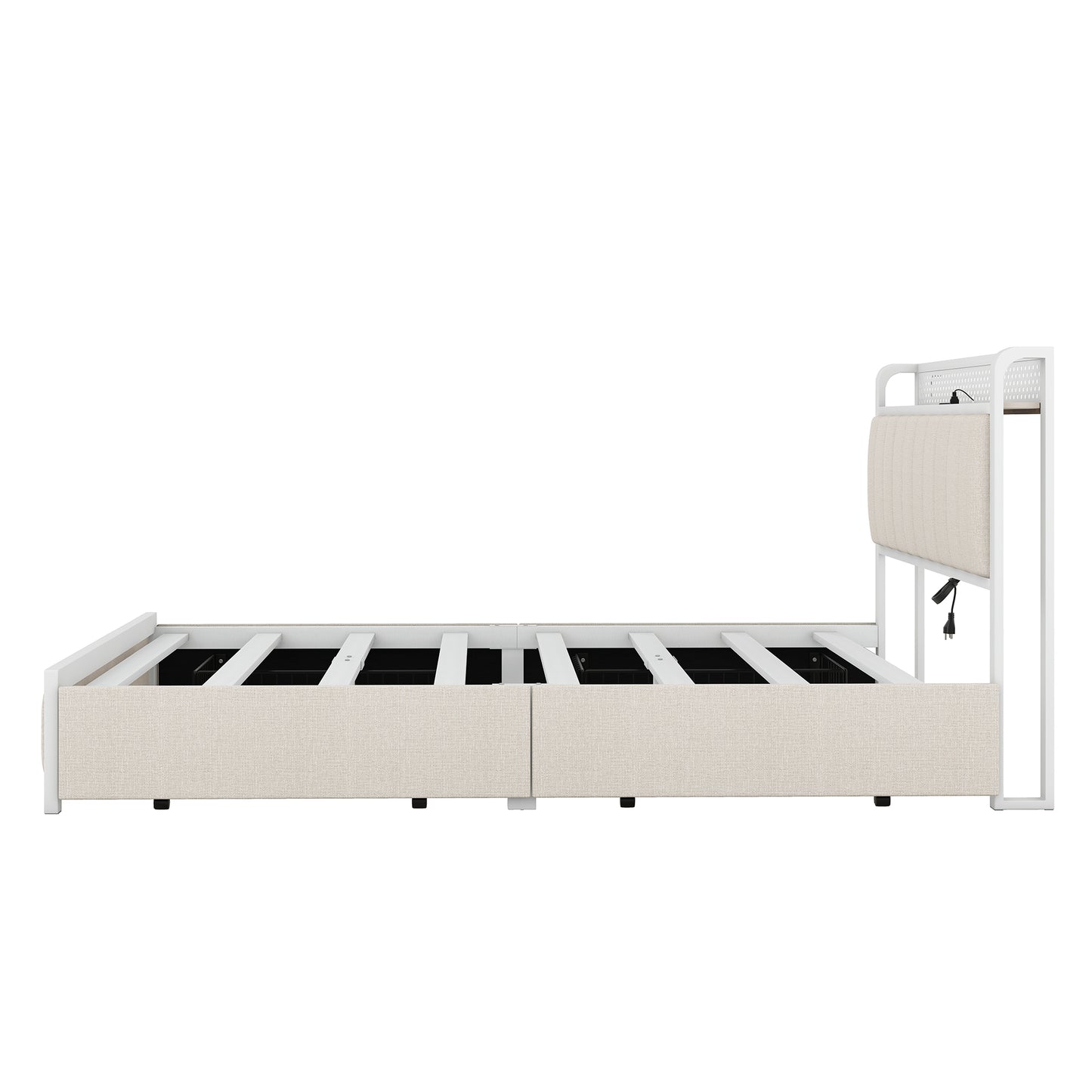 Melysen Queen Bed Frame with LED Headboard, Upholstered Bed with 4 Storage Drawers and USB Ports, Beige