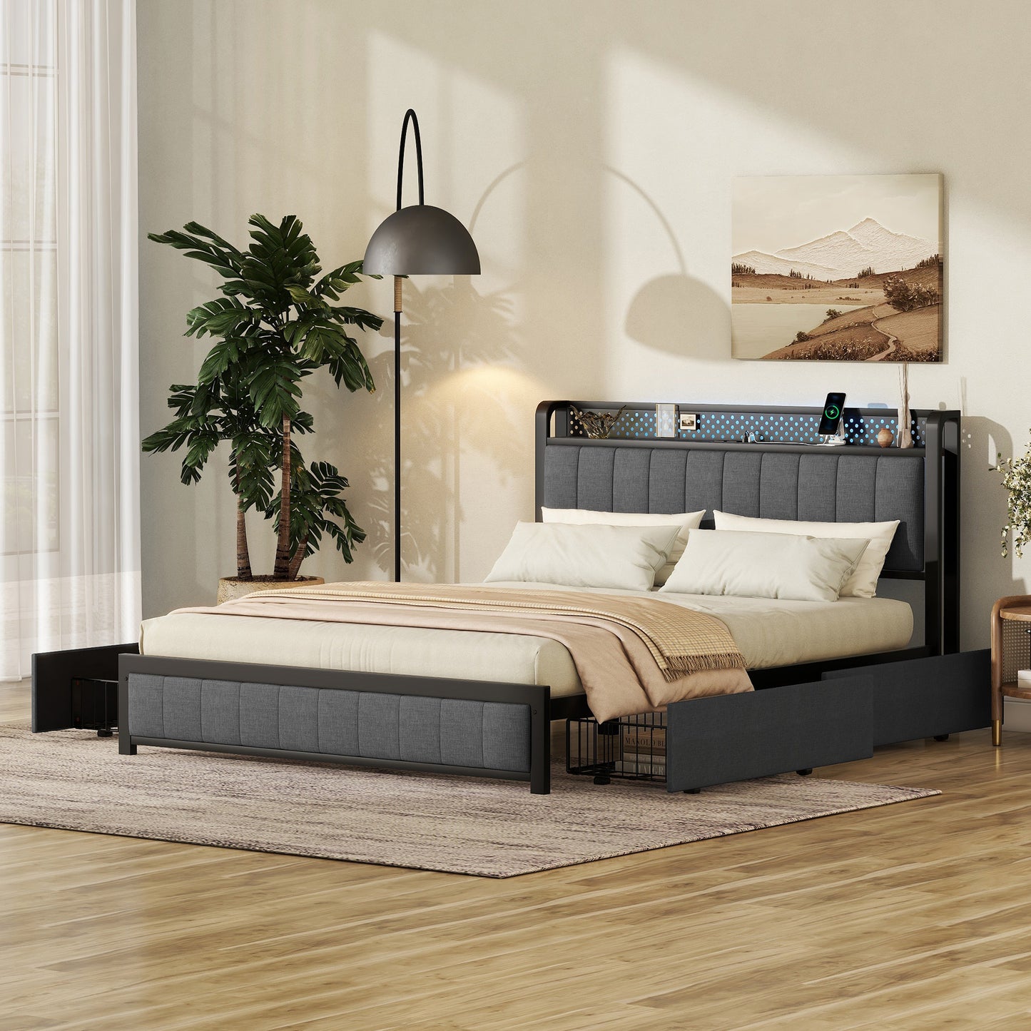 Melysen Queen Bed Frame with LED Headboard, Upholstered Bed with 4 Storage Drawers and USB Ports, Dark Grey