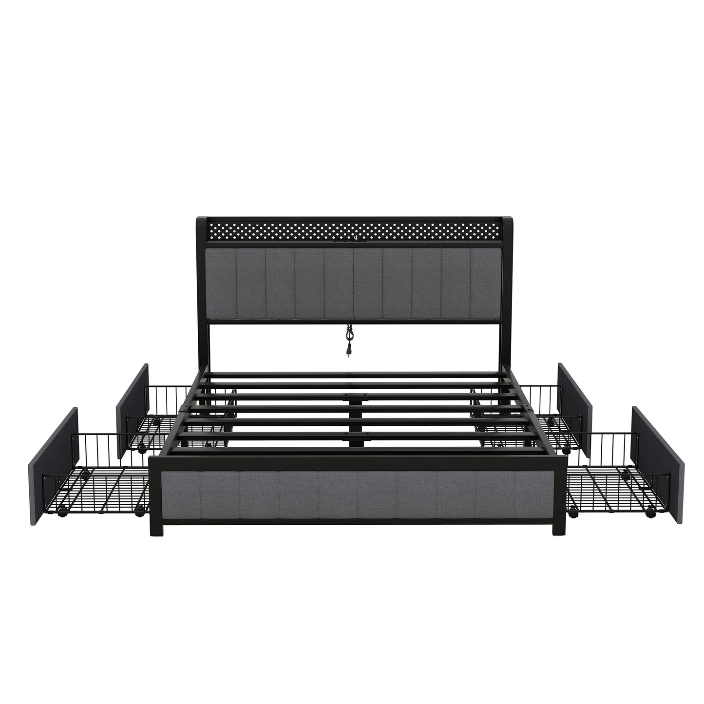 Melysen Queen Bed Frame with LED Headboard, Upholstered Bed with 4 Storage Drawers and USB Ports, Dark Grey