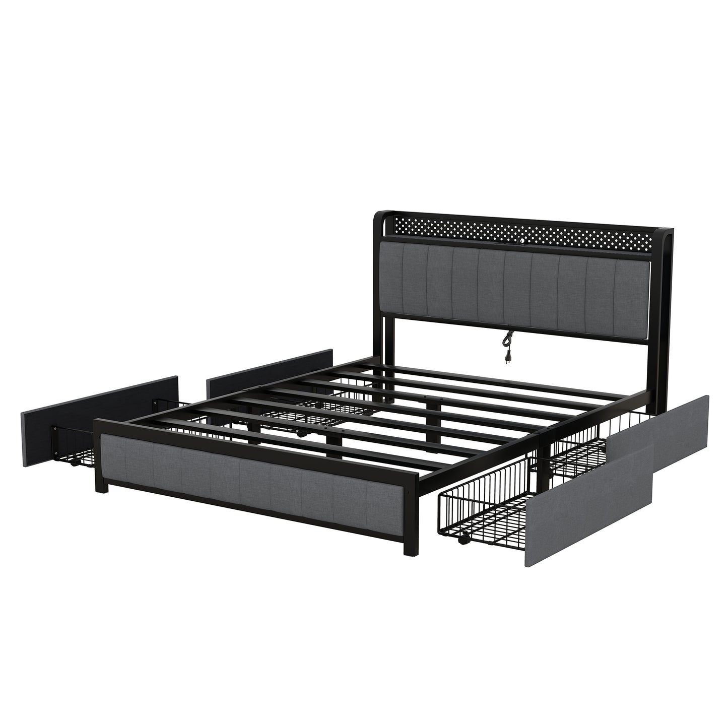 Melysen Queen Bed Frame with LED Headboard, Upholstered Bed with 4 Storage Drawers and USB Ports, Dark Grey