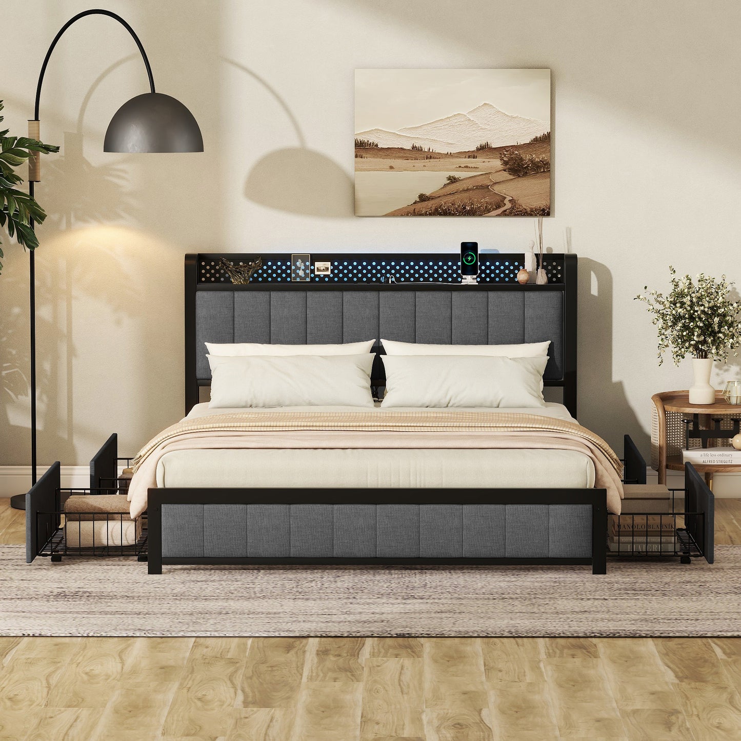 Melysen Queen Bed Frame with LED Headboard, Upholstered Bed with 4 Storage Drawers and USB Ports, Dark Grey