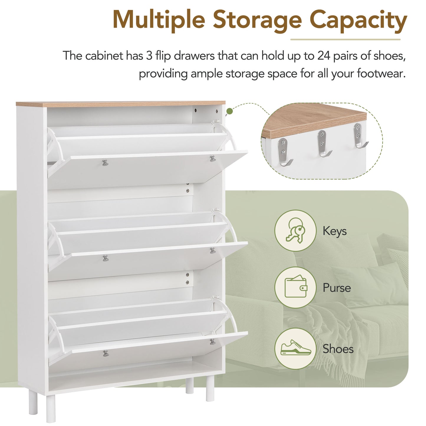 Melysen Narrow Design Shoe Cabinet with 3 Flip Drawers, Wood Grain Pattern Top Entryway Organizer with 3 Hooks, Free Standing Shoe Rack with Adjustable Panel for Hallway, White