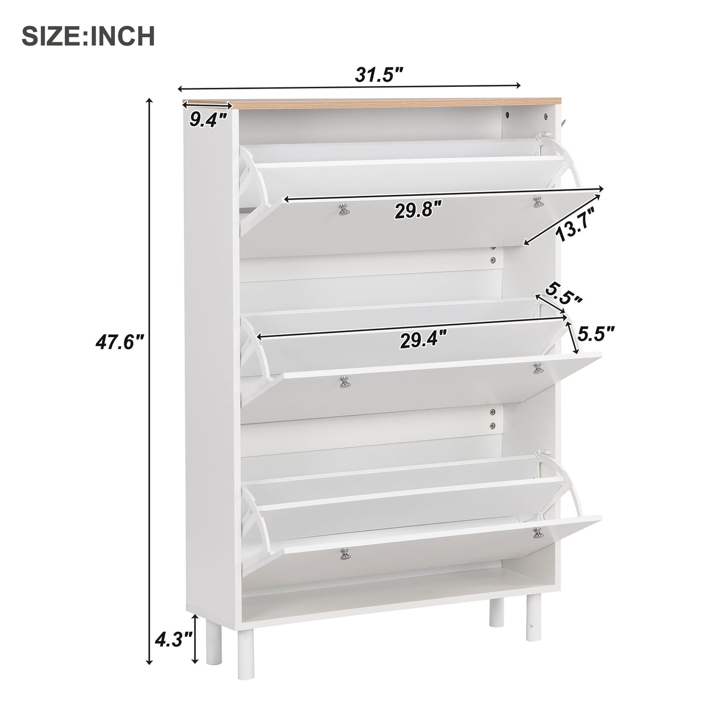 Melysen Narrow Design Shoe Cabinet with 3 Flip Drawers, Wood Grain Pattern Top Entryway Organizer with 3 Hooks, Free Standing Shoe Rack with Adjustable Panel for Hallway, White