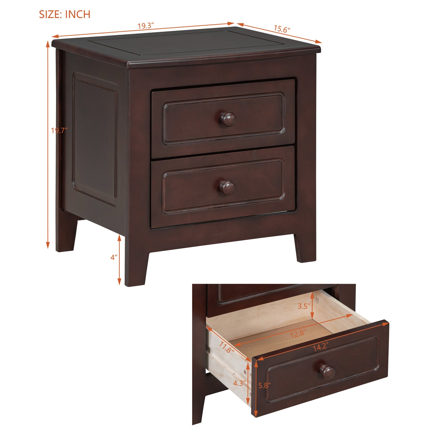 Melysen 2-Drawer Nightstand for Bedroom, Mid Century Retro Bedside Table with Classic Design