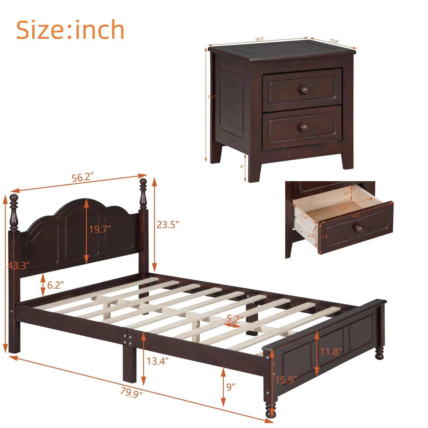 Melysen 3-Pieces Bedroom Sets,Full Size Wood Platform Bed and Two Nightstands-Dark Walnut