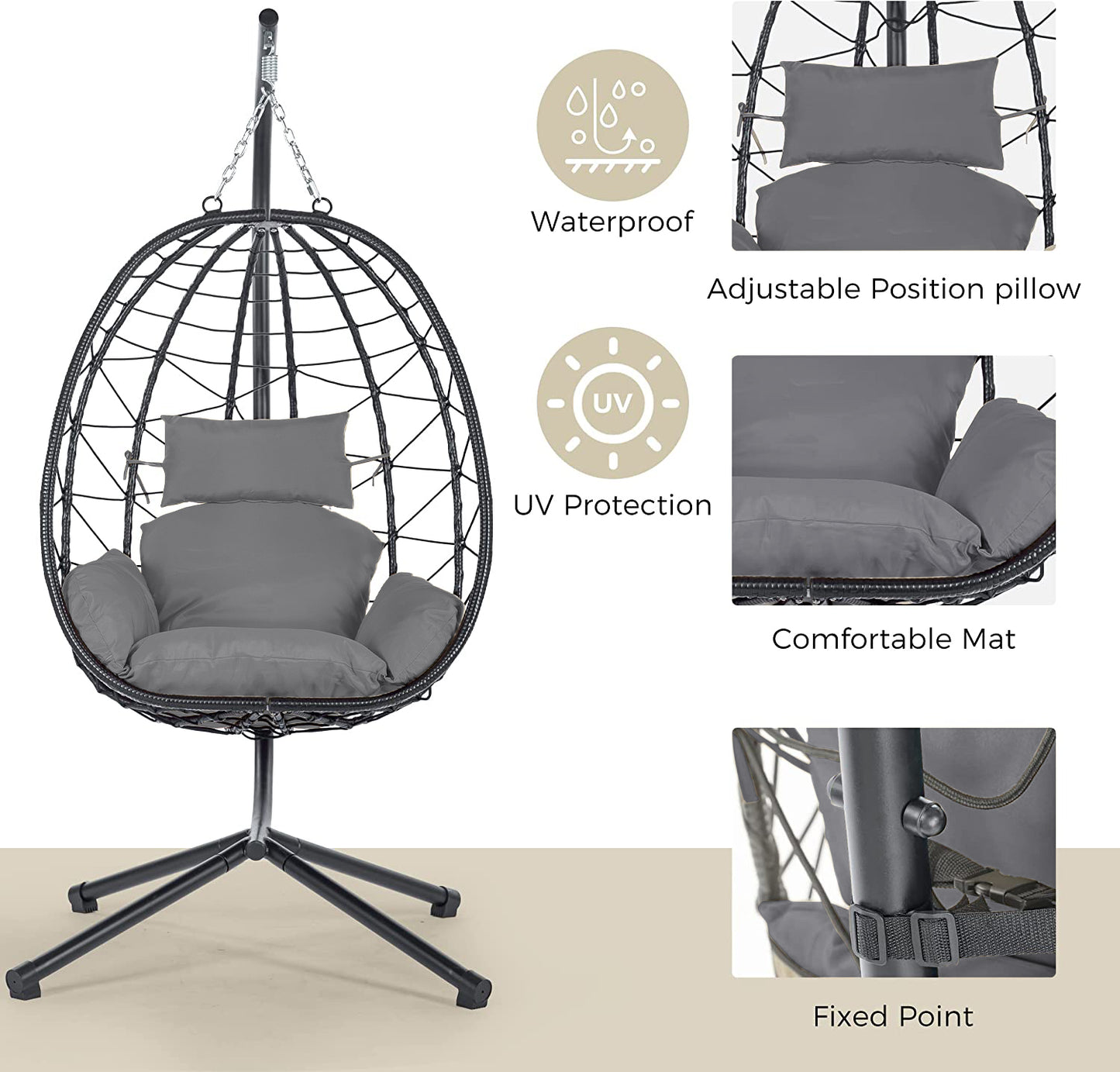 Melysen Egg Chair with Stand Indoor Outdoor Swing Chair Patio Wicker Hanging Egg Chair Hanging Basket Chair Hammock Chair with Stand for Bedroom Living Room Balcony,Dark Gray