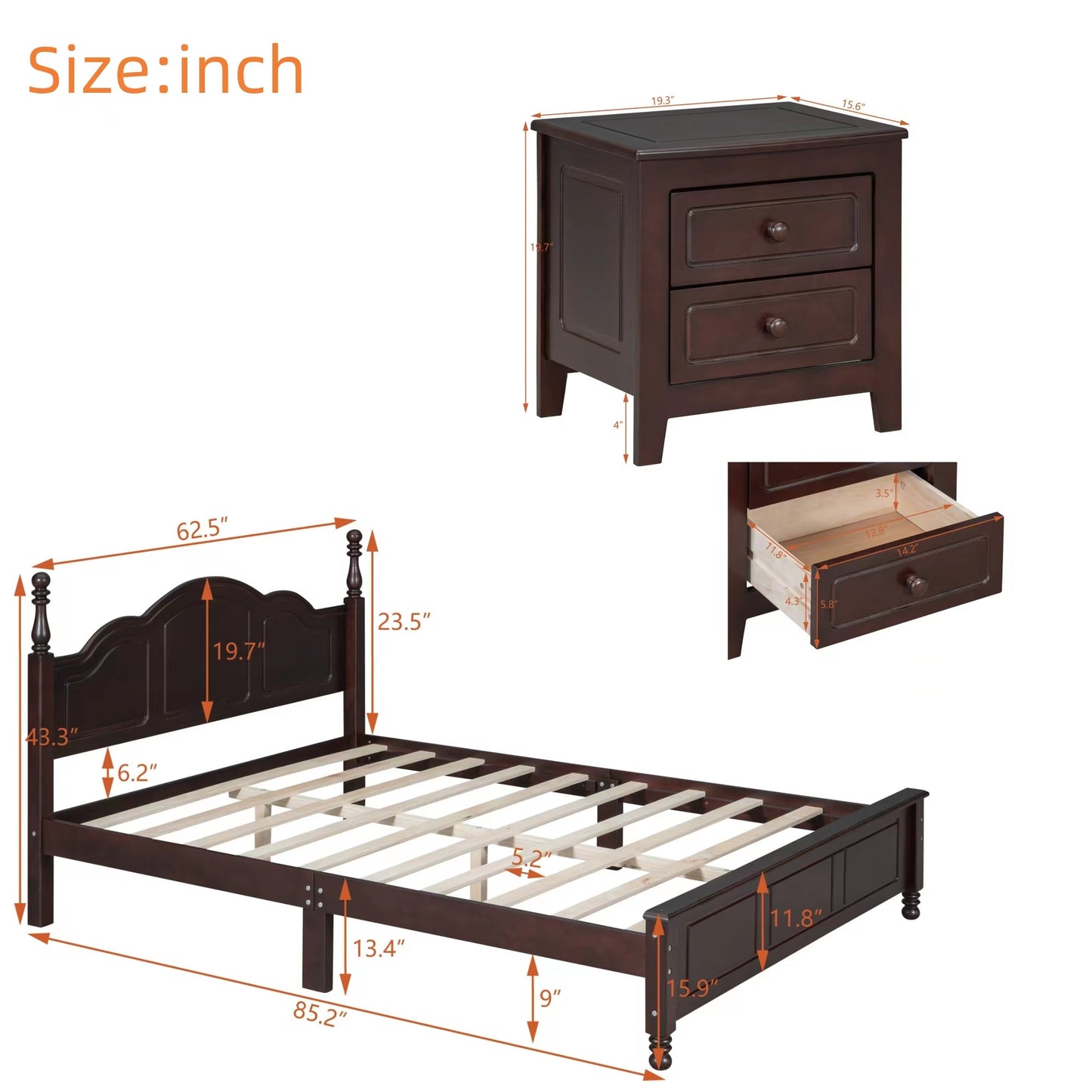 Melysen 3-Pieces Bedroom Sets,Queen Size Wood Platform Bed and Two Nightstands