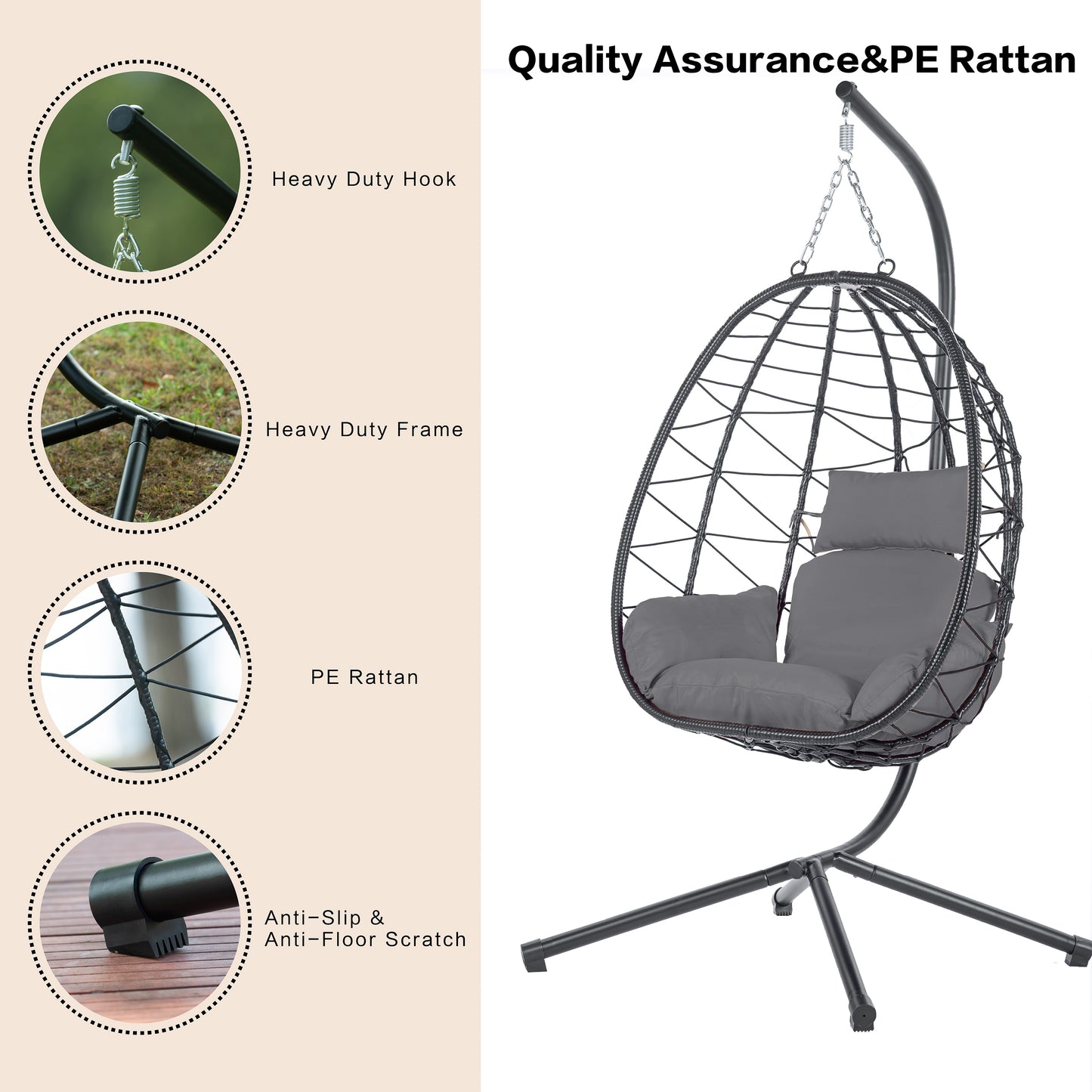 Melysen Egg Chair with Stand Indoor Outdoor Swing Chair Patio Wicker Hanging Egg Chair Hanging Basket Chair Hammock Chair with Stand for Bedroom Living Room Balcony,Dark Gray