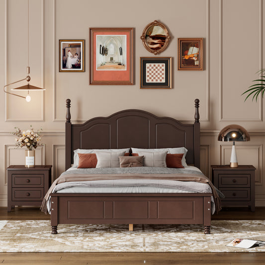 Melysen 3-Pieces Bedroom Sets,Full Size Wood Platform Bed and Two Nightstands-Dark Walnut