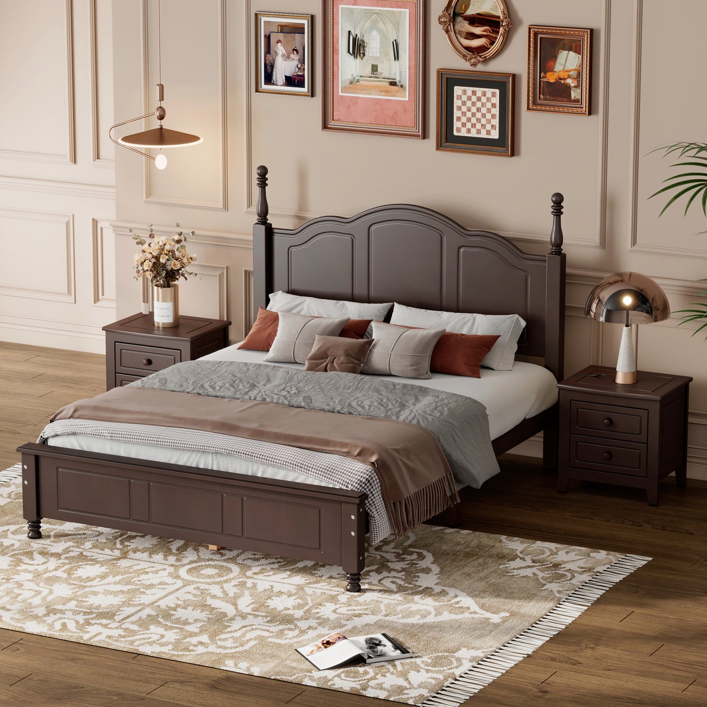 Melysen 3-Pieces Bedroom Sets,Full Size Wood Platform Bed and Two Nightstands-Dark Walnut