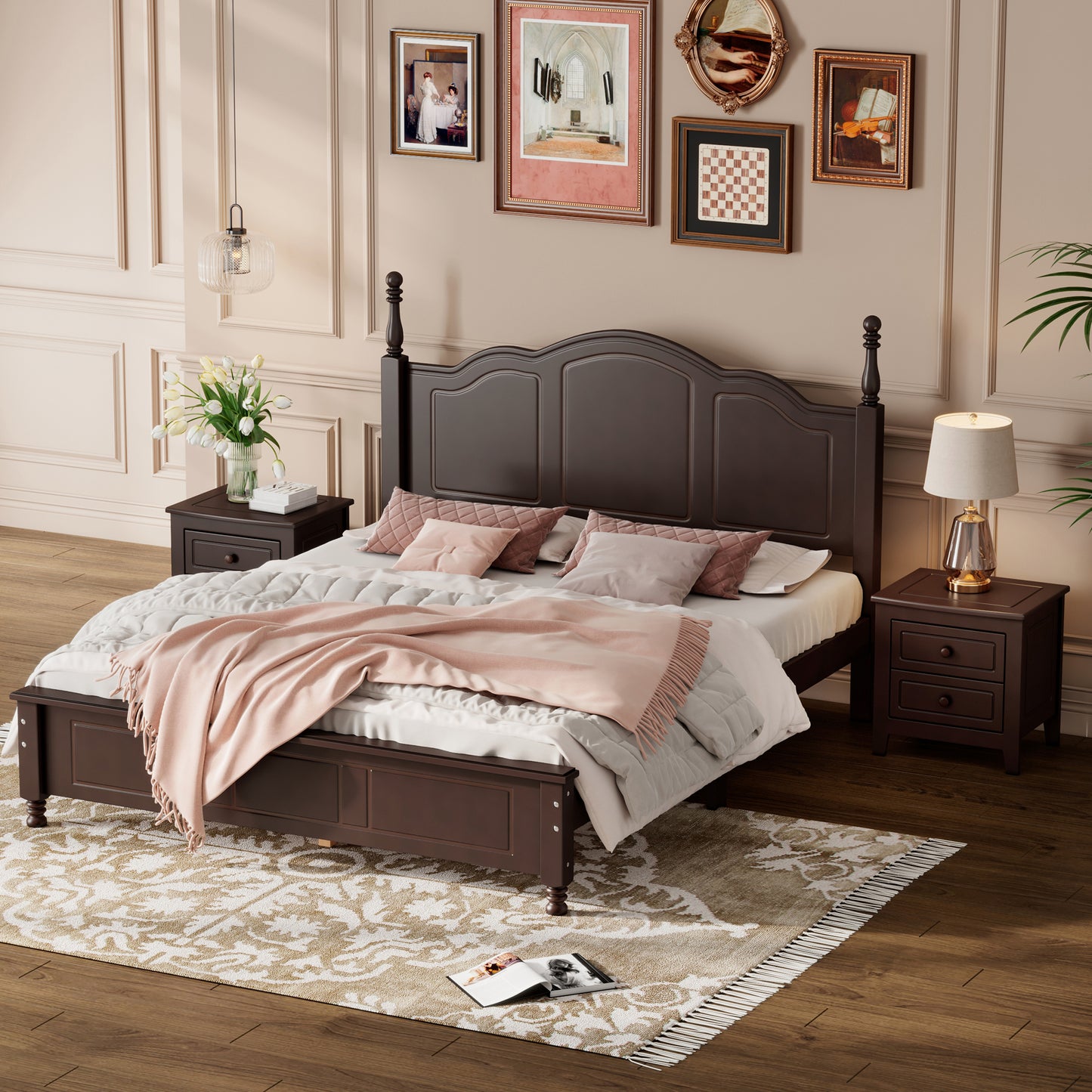 Melysen 3-Pieces Bedroom Sets,Queen Size Wood Platform Bed and Two Nightstands