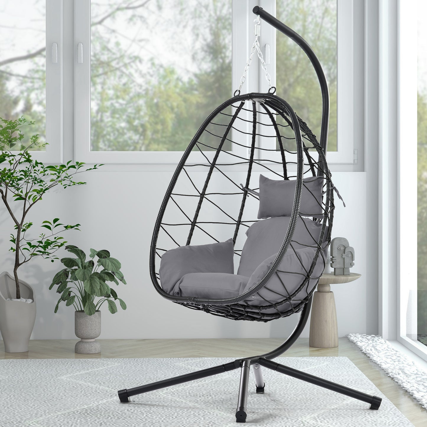 Melysen Egg Chair with Stand Indoor Outdoor Swing Chair Patio Wicker Hanging Egg Chair Hanging Basket Chair Hammock Chair with Stand for Bedroom Living Room Balcony,Dark Gray