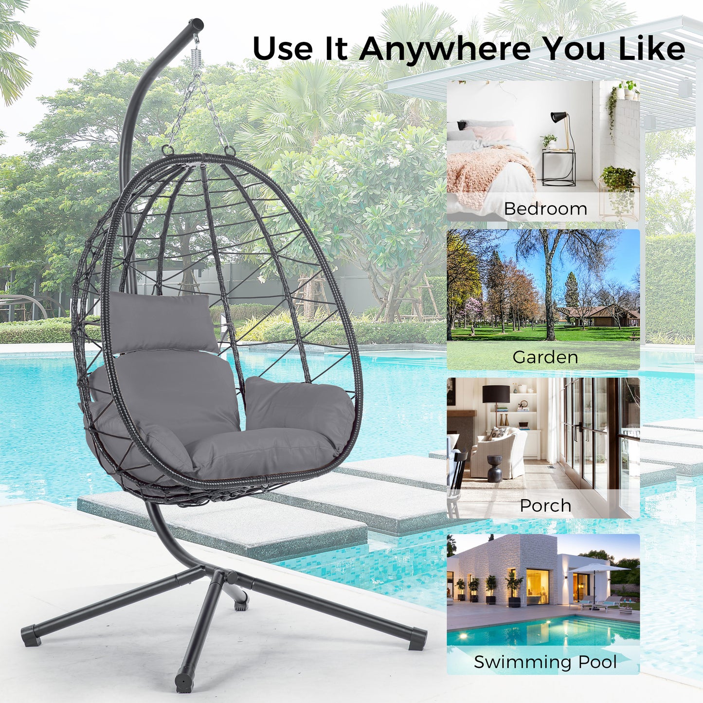 Melysen Egg Chair with Stand Indoor Outdoor Swing Chair Patio Wicker Hanging Egg Chair Hanging Basket Chair Hammock Chair with Stand for Bedroom Living Room Balcony,Dark Gray