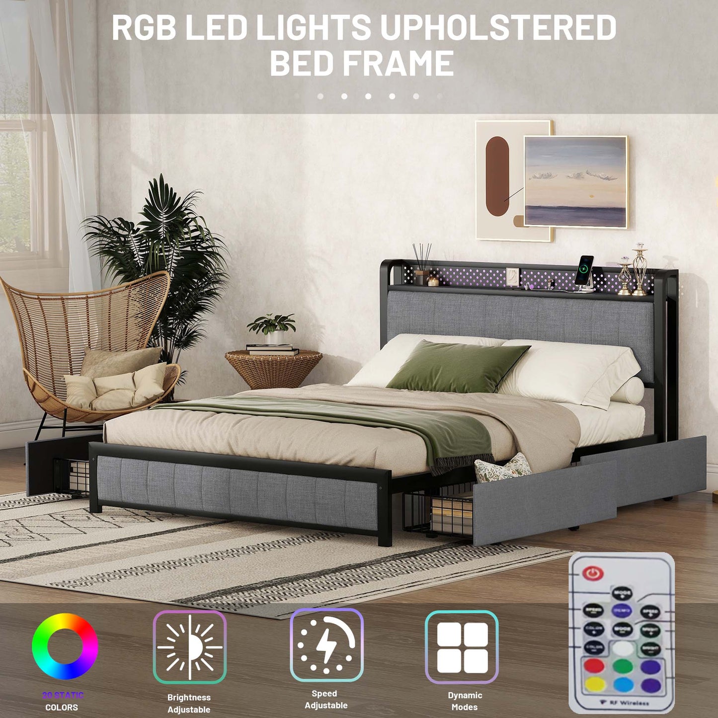 Melysen Queen Bed Frame with LED Headboard, Upholstered Bed with 4 Storage Drawers and USB Ports, Light Grey