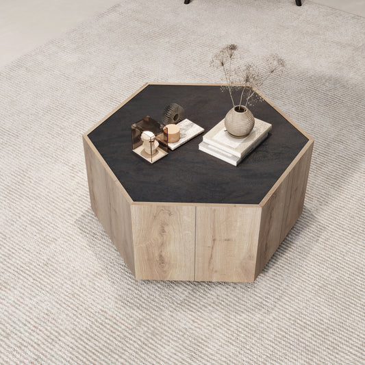 Melysen Hexagonal Rural Style Garden Retro Living Room Coffee Table with 2 drawers, Textured Black + Warm Oakin