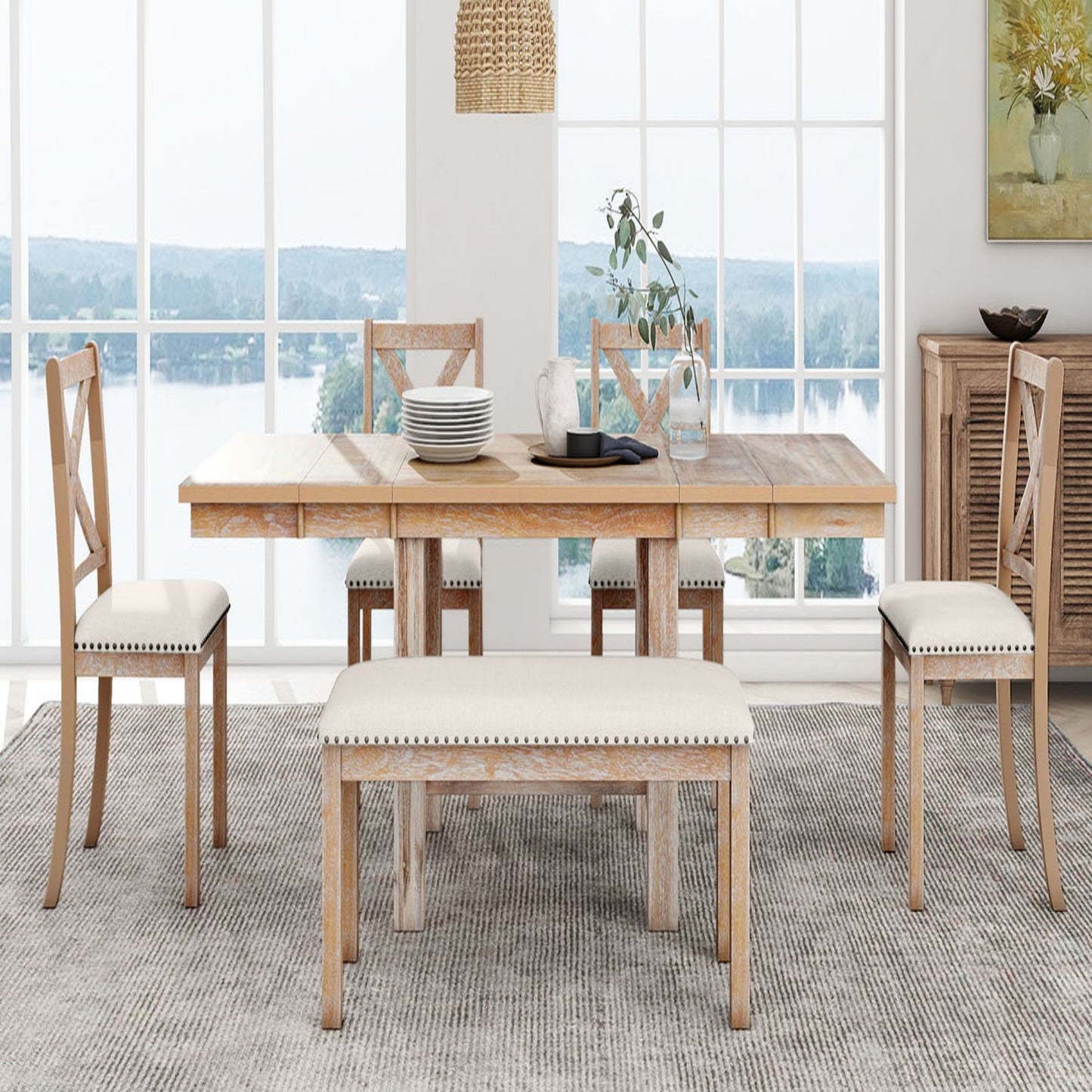 Melysen Farmhouse 82inch 6-Piece Extendable Dining Table with Footrest, 4 Upholstered Dining Chairs and Dining Bench, Two 11"Removable Leaf, Natural+Beige Cushion