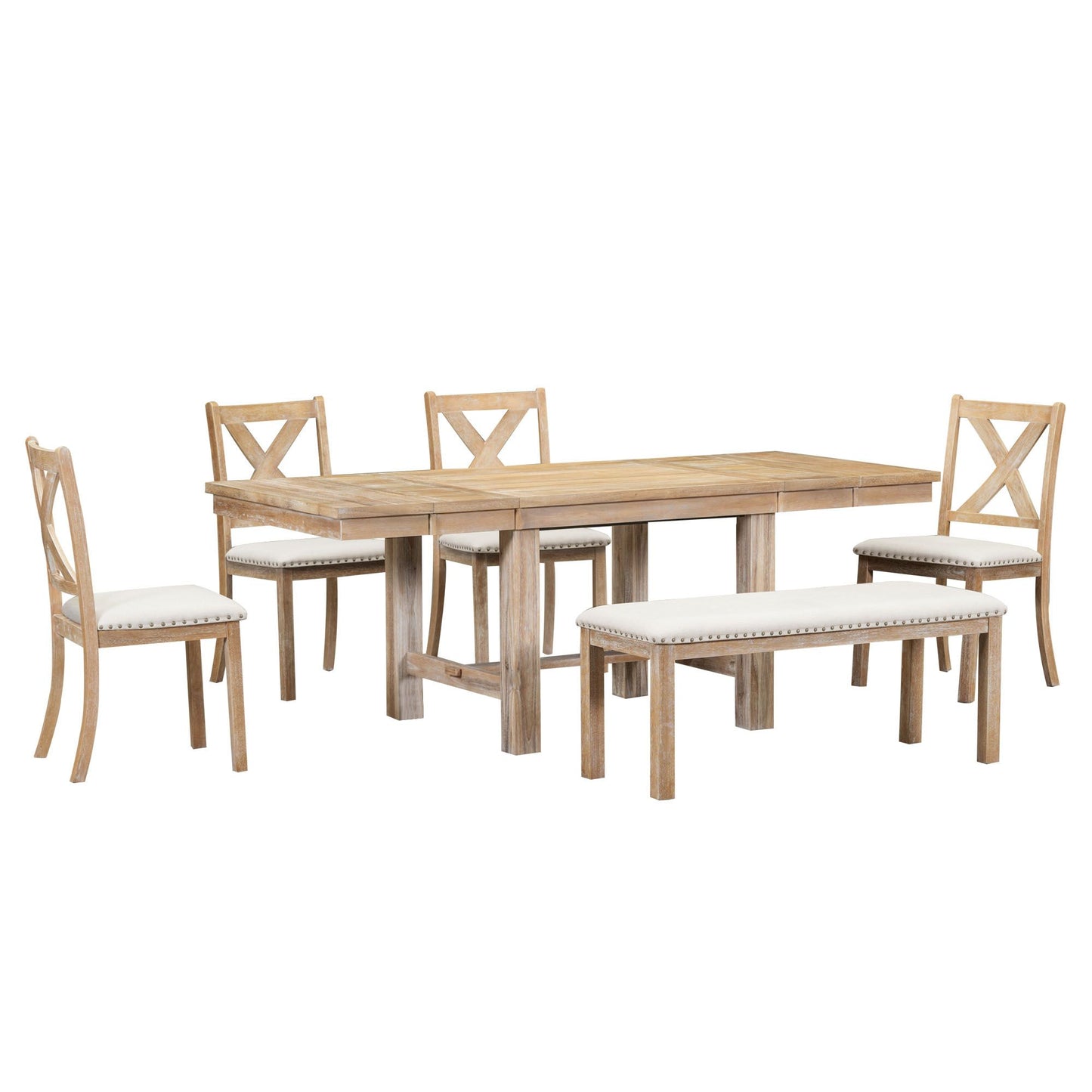 Melysen Farmhouse 82inch 6-Piece Extendable Dining Table with Footrest, 4 Upholstered Dining Chairs and Dining Bench, Two 11"Removable Leaf, Natural+Beige Cushion