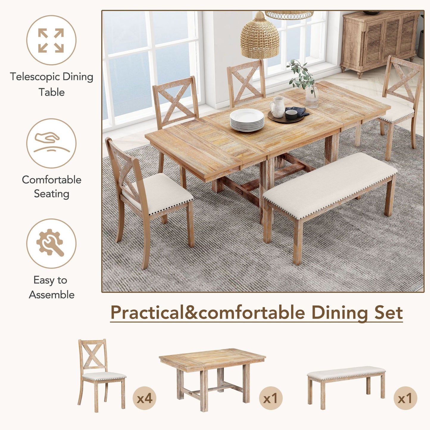 Melysen Farmhouse 82inch 6-Piece Extendable Dining Table with Footrest, 4 Upholstered Dining Chairs and Dining Bench, Two 11"Removable Leaf, Natural+Beige Cushion