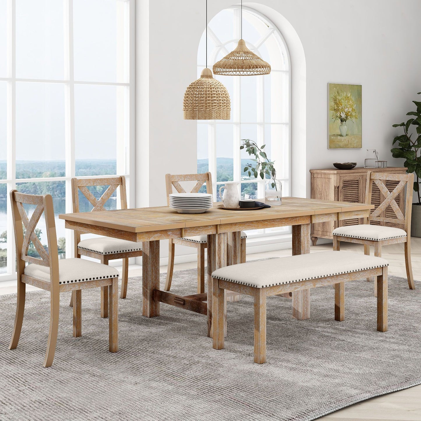 Melysen Farmhouse 82inch 6-Piece Extendable Dining Table with Footrest, 4 Upholstered Dining Chairs and Dining Bench, Two 11"Removable Leaf, Natural+Beige Cushion