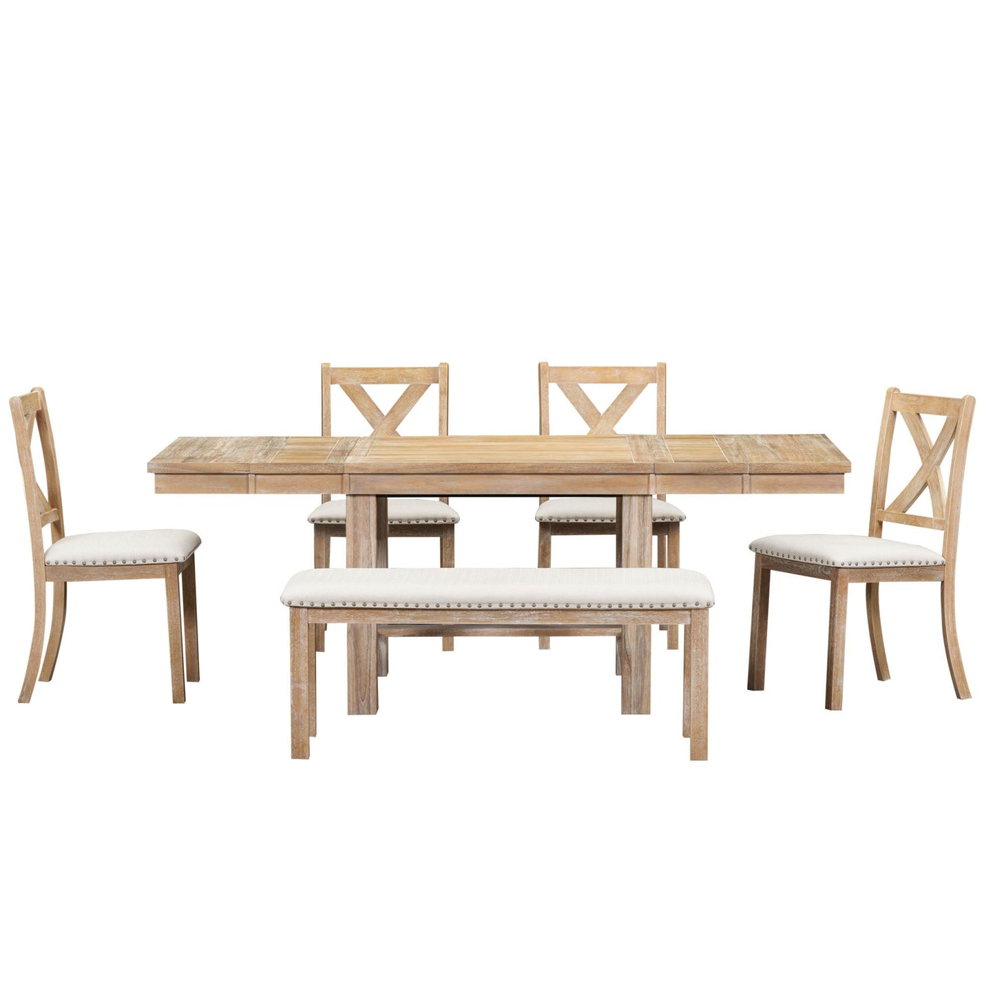 Melysen Farmhouse 82inch 6-Piece Extendable Dining Table with Footrest, 4 Upholstered Dining Chairs and Dining Bench, Two 11"Removable Leaf, Natural+Beige Cushion