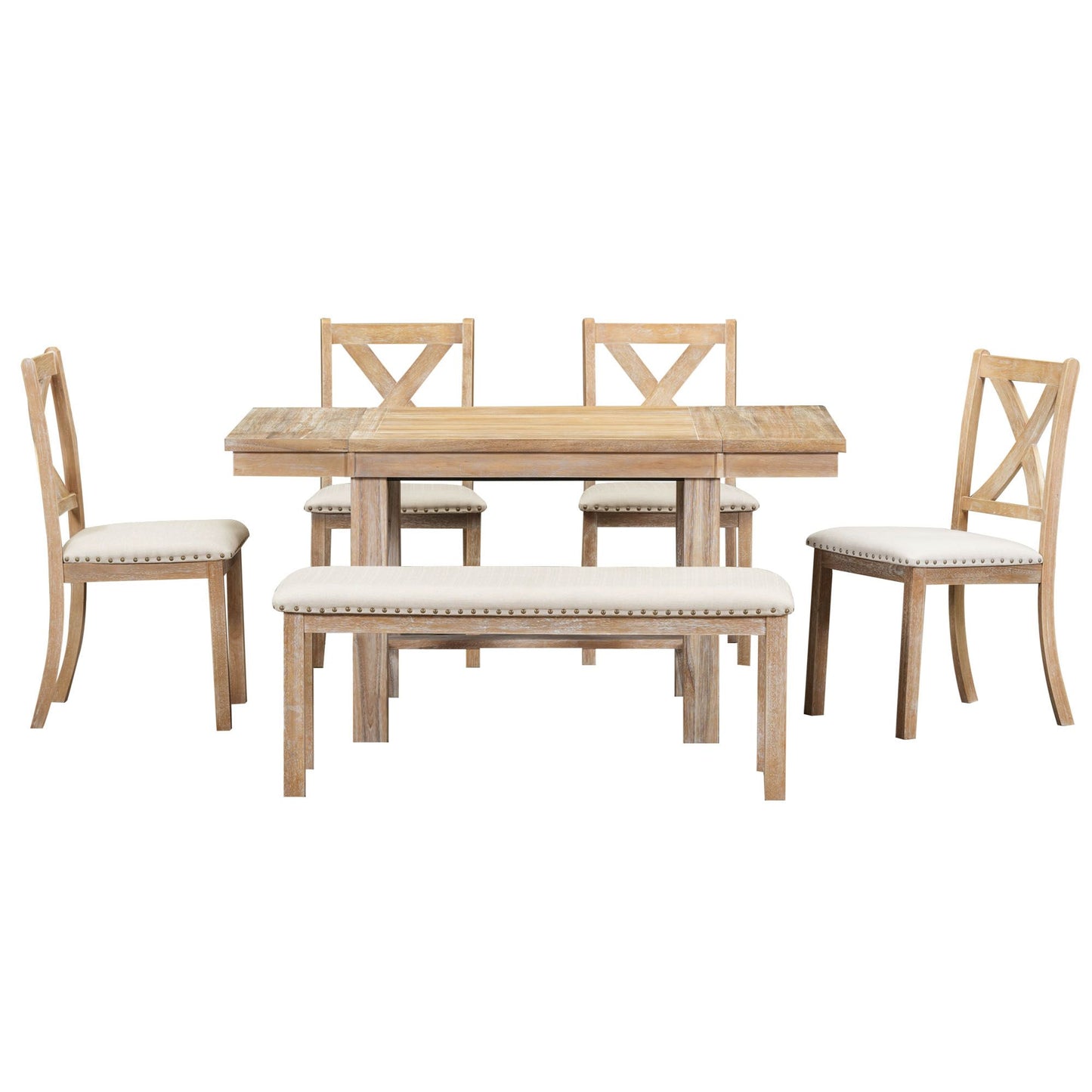 Melysen Farmhouse 82inch 6-Piece Extendable Dining Table with Footrest, 4 Upholstered Dining Chairs and Dining Bench, Two 11"Removable Leaf, Natural+Beige Cushion