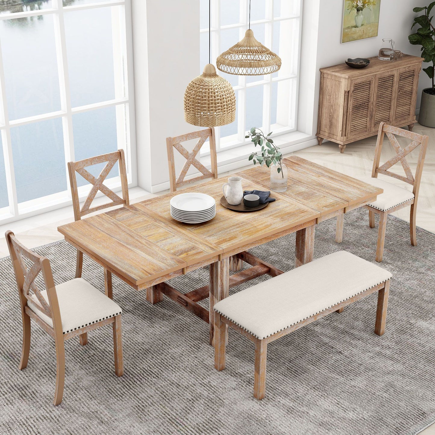 Melysen Farmhouse 82inch 6-Piece Extendable Dining Table with Footrest, 4 Upholstered Dining Chairs and Dining Bench, Two 11"Removable Leaf, Natural+Beige Cushion