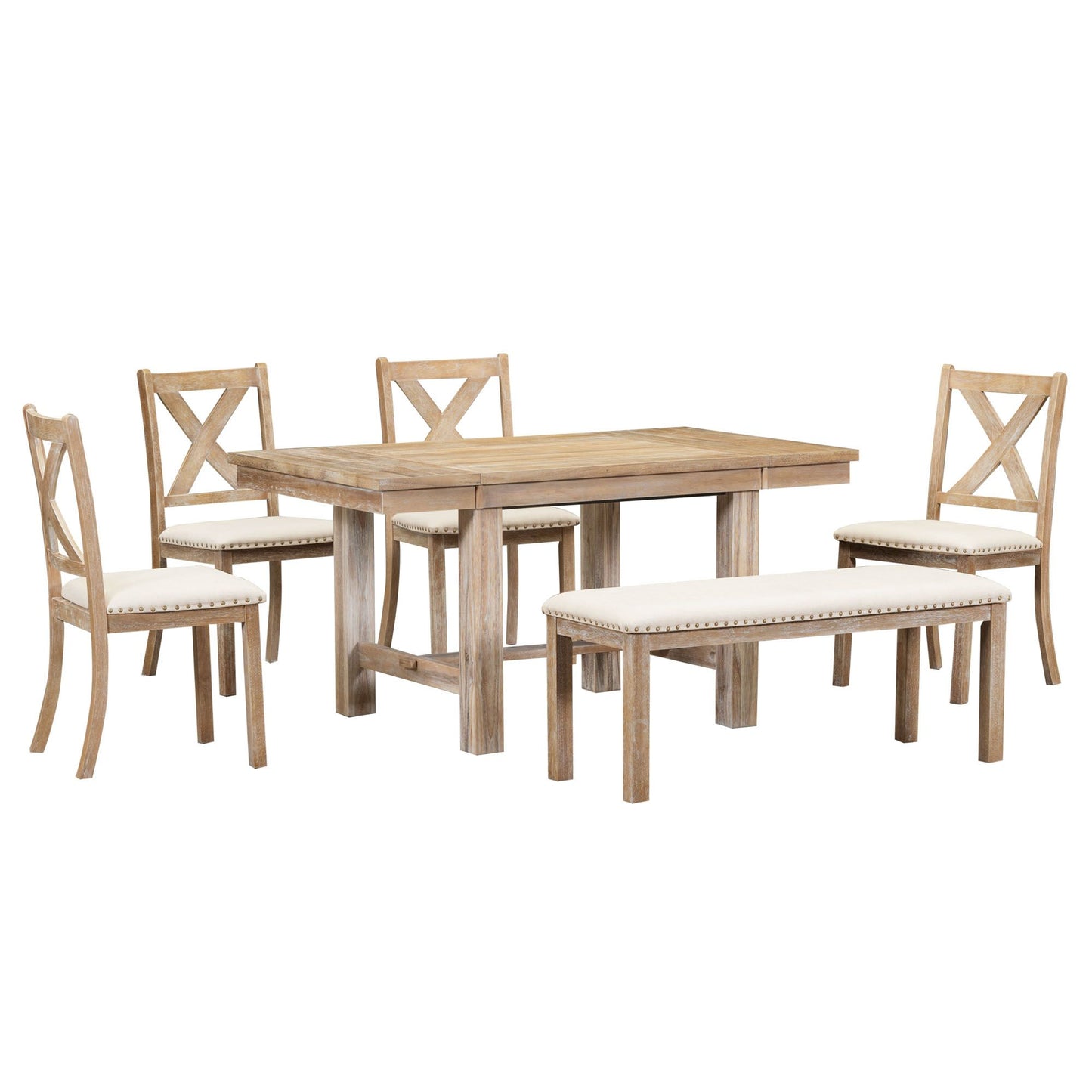 Melysen Farmhouse 82inch 6-Piece Extendable Dining Table with Footrest, 4 Upholstered Dining Chairs and Dining Bench, Two 11"Removable Leaf, Natural+Beige Cushion