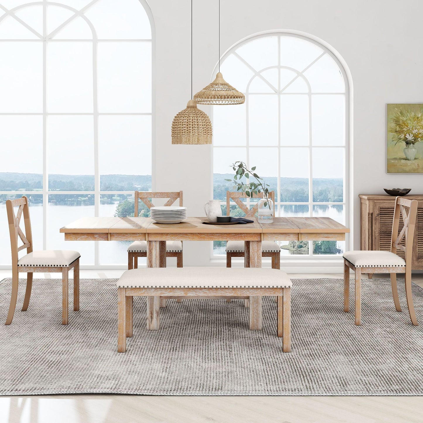 Melysen Farmhouse 82inch 6-Piece Extendable Dining Table with Footrest, 4 Upholstered Dining Chairs and Dining Bench, Two 11"Removable Leaf, Natural+Beige Cushion