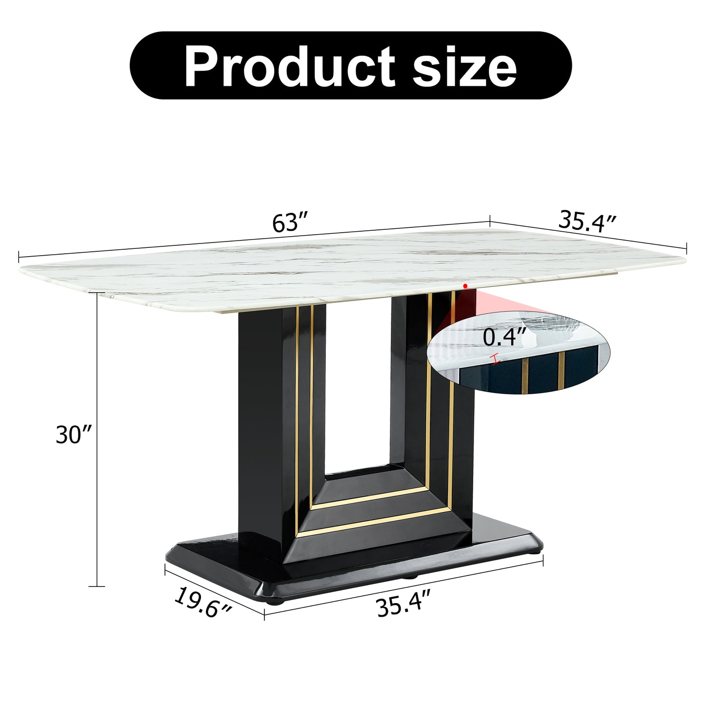 Melysen White Imitation Marble Pattern Desktop. Black Mdf Table Legs, Gold Lines, Black Base. 1 Table+4 Black Pu Chairs