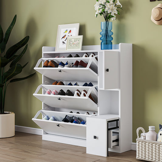 Melysen Versatile Shoe Cabinet with 3 Flip Drawers, Maximum Storage Entryway Organizer with Drawer, Free Standing Shoe Rack with Pull-down Seat for Hallway, White