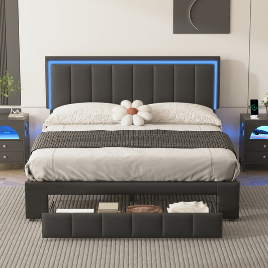 Melysen Upholstered Platform Bed with LED Lights and Two Motion Activated Night Lights,Queen Size Storage Bed with Drawer