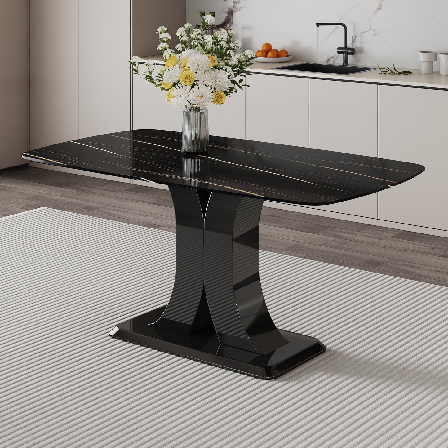 Melysen Black Imitation Marble Desktop with Mdf Legs.4 Dining Chairs with White Pu Backrest Cushions and Black Metal Legs