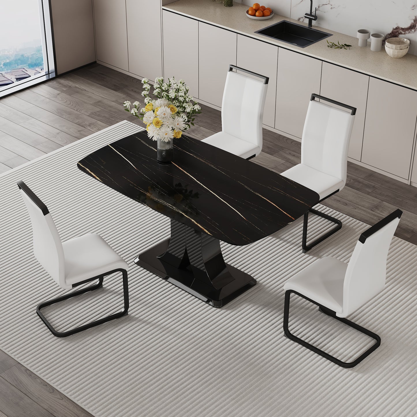 Melysen Black Imitation Marble Desktop with Mdf Legs.4 Dining Chairs with White Pu Backrest Cushions and Black Metal Legs