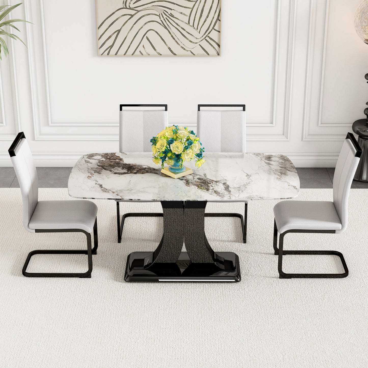 Melysen White Imitation Marble Tabletop, and Mdf Leg Dining Table. 4 Dining Chairs with White Pu Backrest Cushions and Black Metal Legs. Table Size 63"* 35.4" * 30"