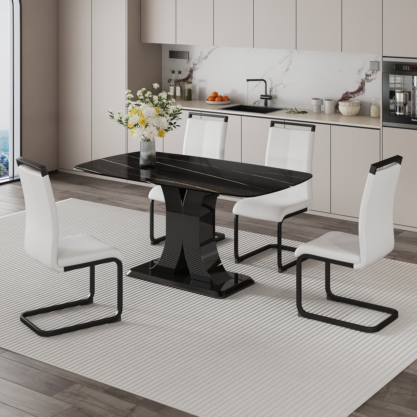 Melysen Black Imitation Marble Desktop with Mdf Legs.4 Dining Chairs with White Pu Backrest Cushions and Black Metal Legs