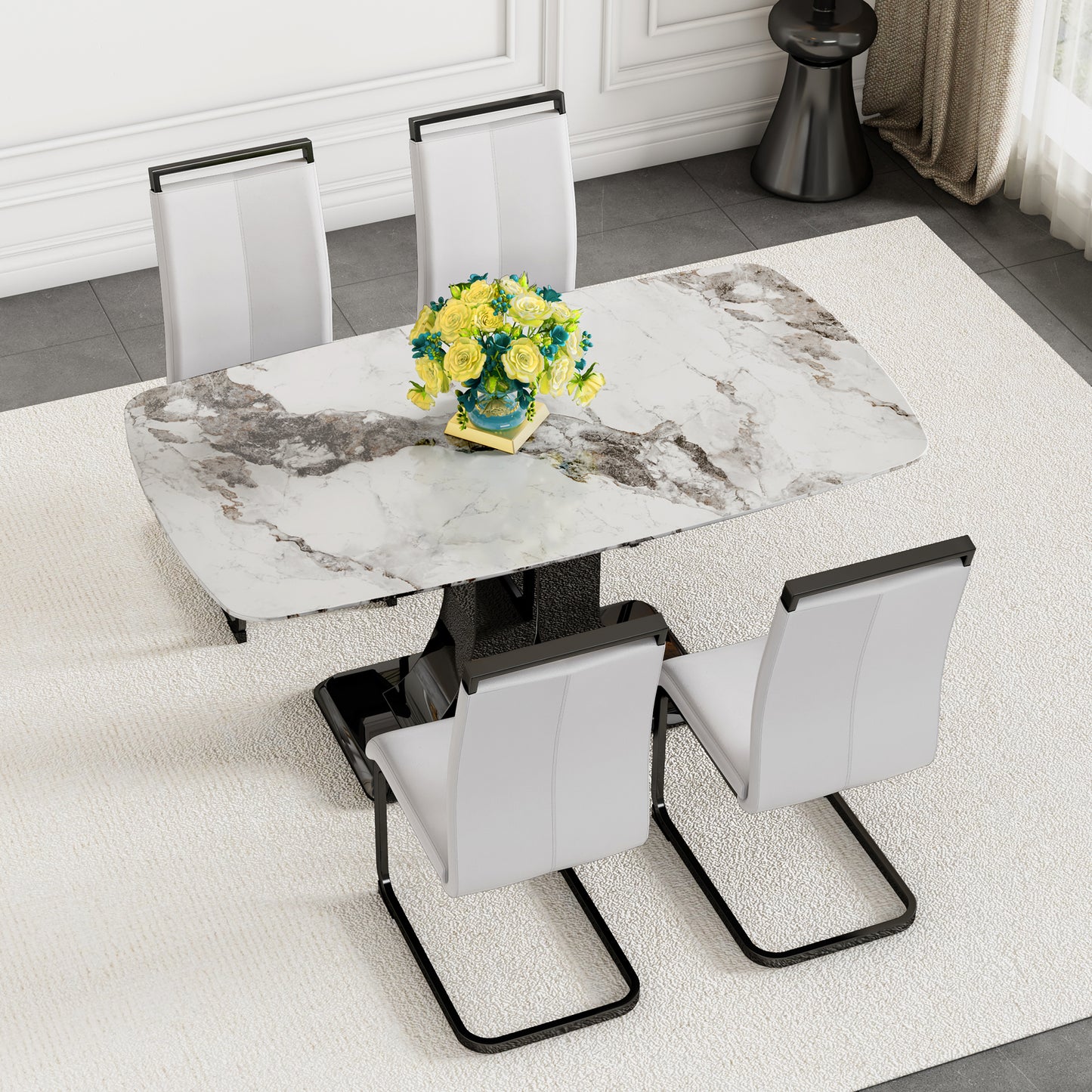 Melysen White Imitation Marble Tabletop, and Mdf Leg Dining Table. 4 Dining Chairs with White Pu Backrest Cushions and Black Metal Legs. Table Size 63"* 35.4" * 30"