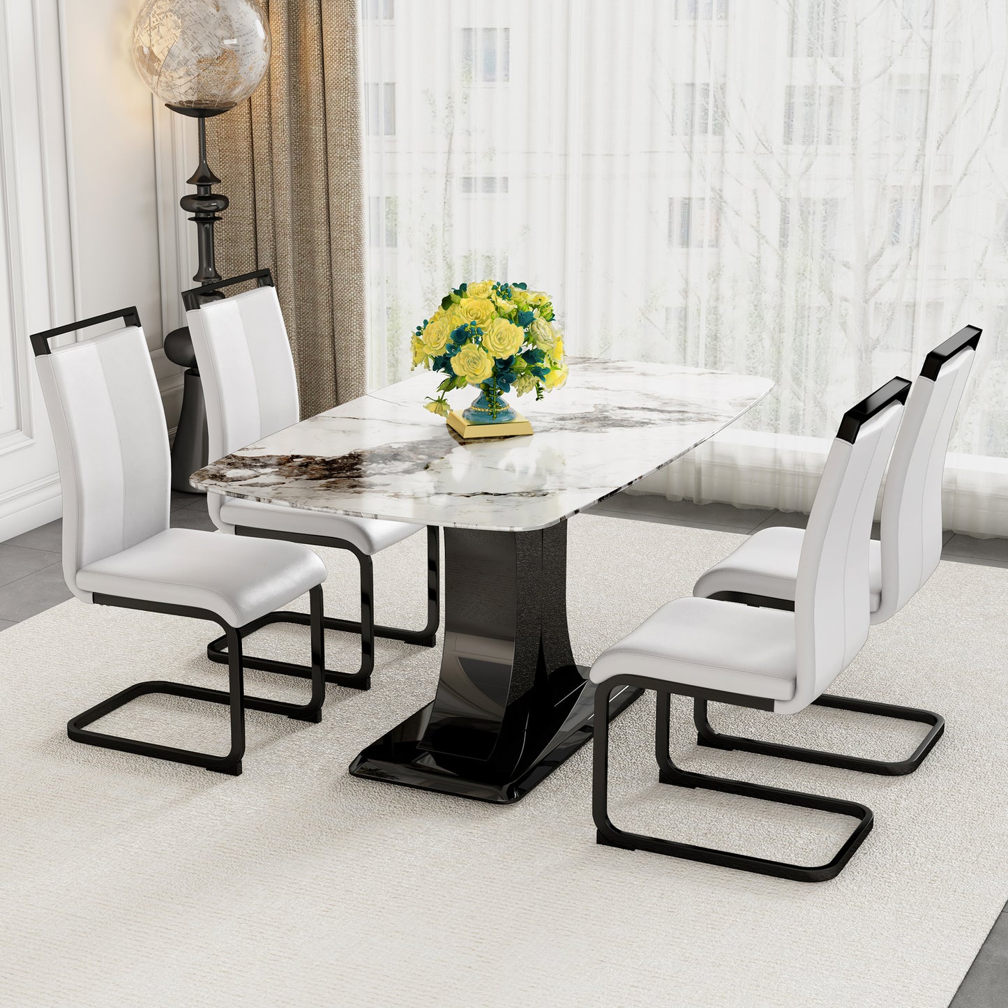 Melysen White Imitation Marble Tabletop, and Mdf Leg Dining Table. 4 Dining Chairs with White Pu Backrest Cushions and Black Metal Legs. Table Size 63"* 35.4" * 30"