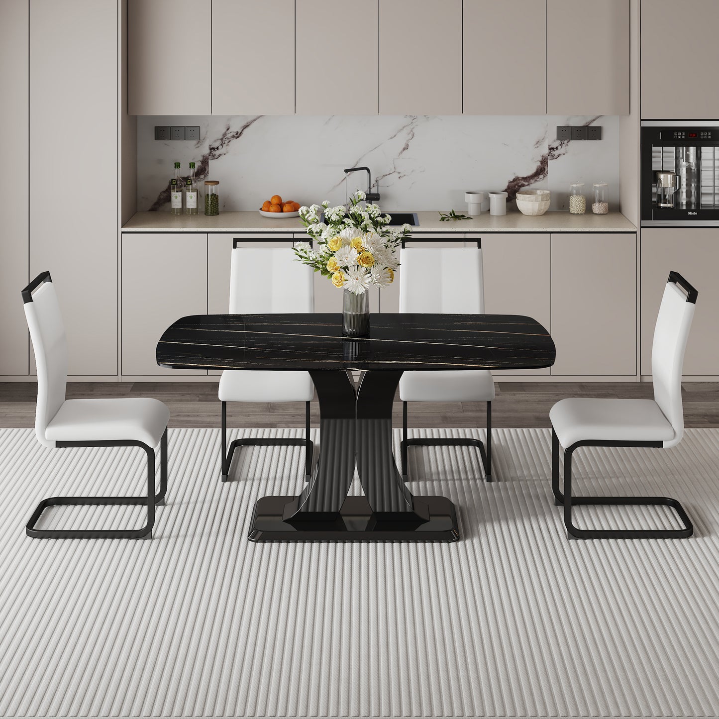 Melysen Black Imitation Marble Desktop with Mdf Legs.4 Dining Chairs with White Pu Backrest Cushions and Black Metal Legs